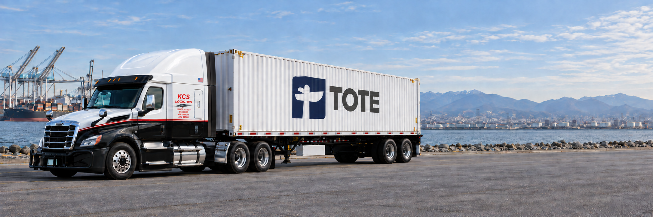 KCS Logistics black and white truck with TOTE container at the port — edited image